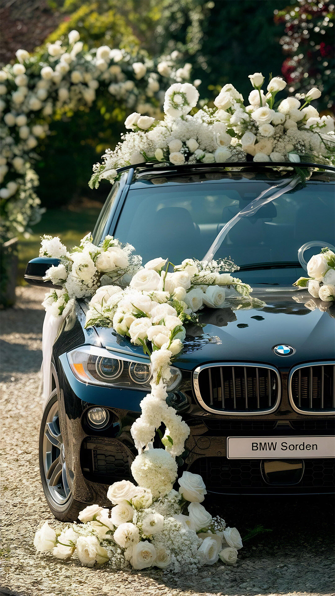 Black wedding car decorated with white flowers